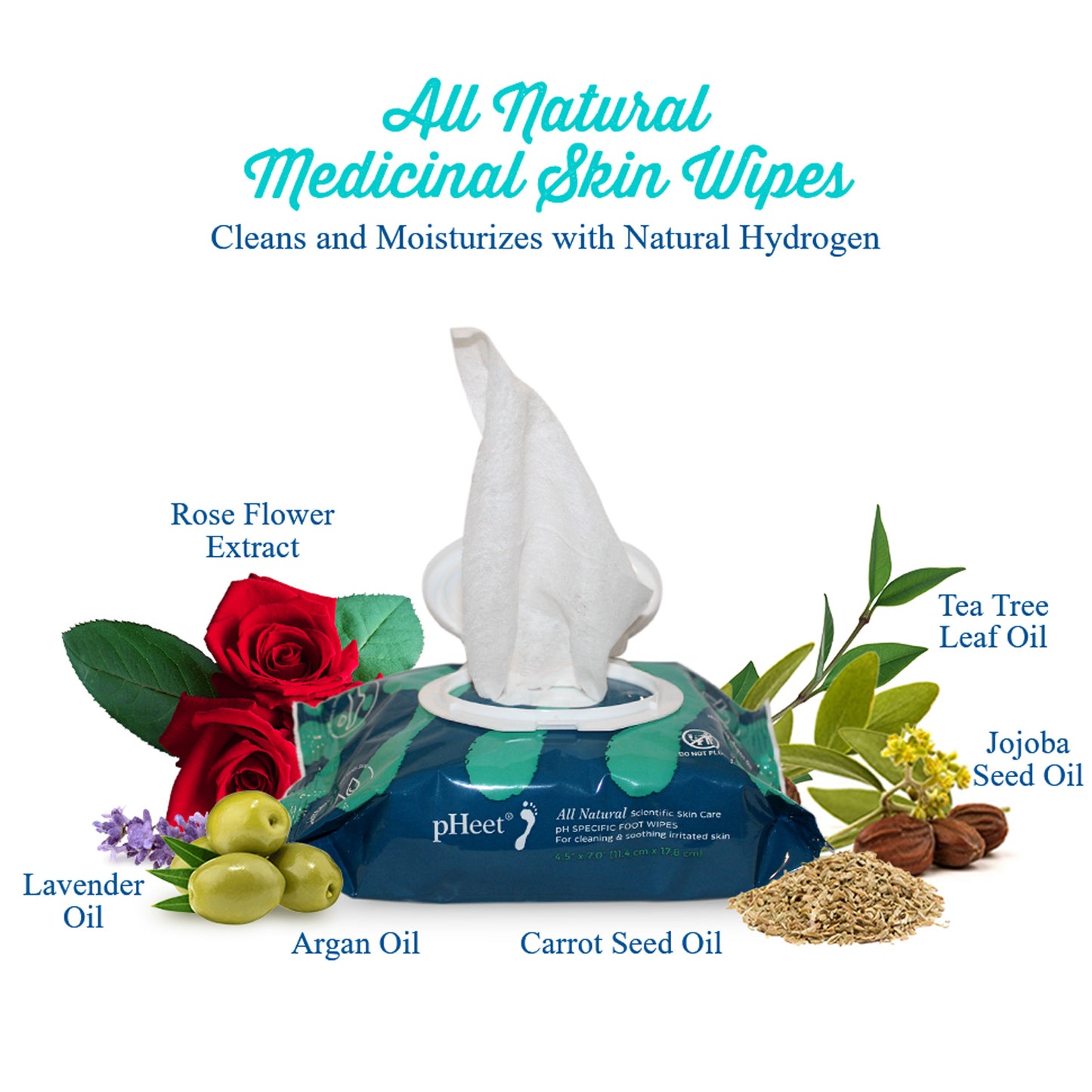 All Natural Medicinal Skin Wipes. Cleans and moistruizes with natural hydrogen. Some ingredients it contains are rose flower extract, lavender oil, argan oil, carrot seed oil, tea tree leaf oil and jojoba seed oil.