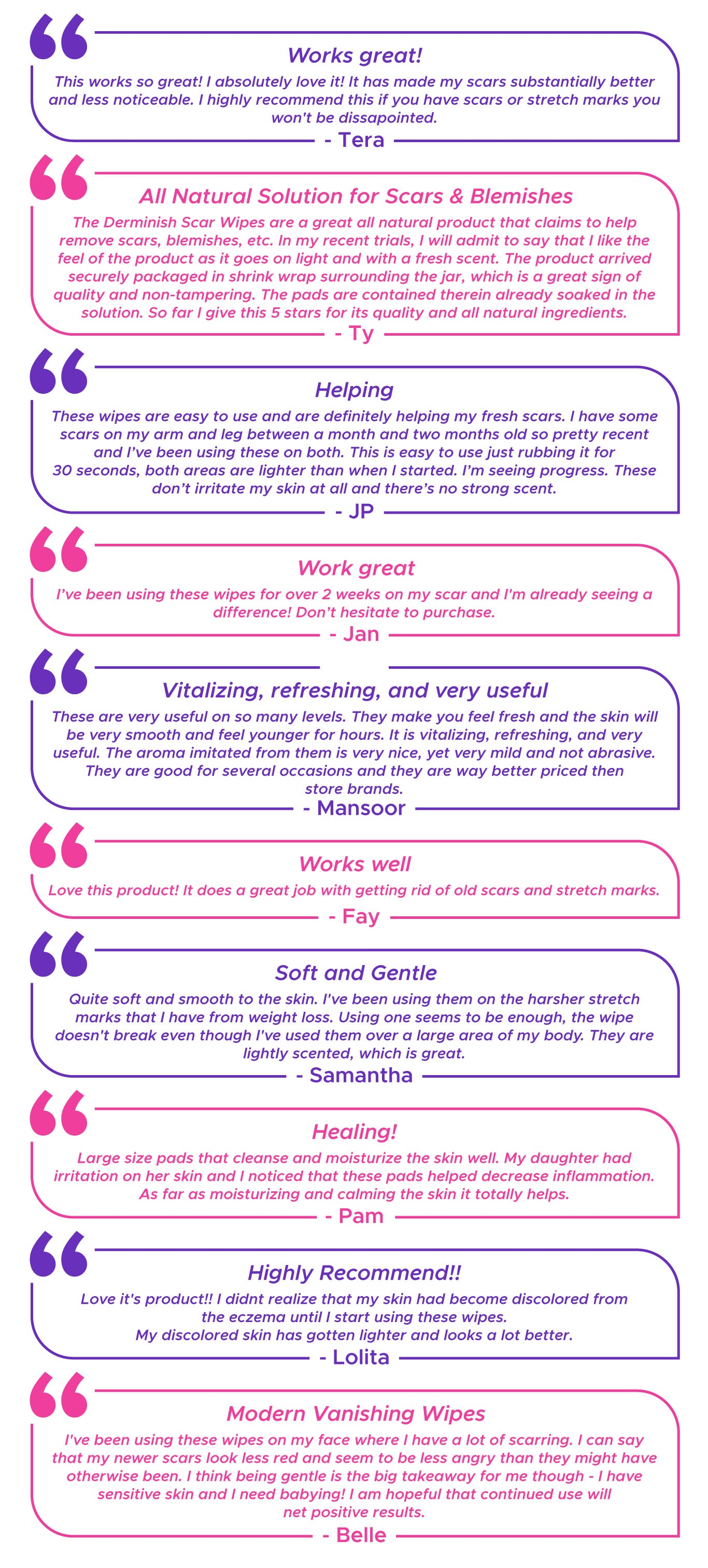 Customers are loving how the wipes are working on their scars and blemishes.