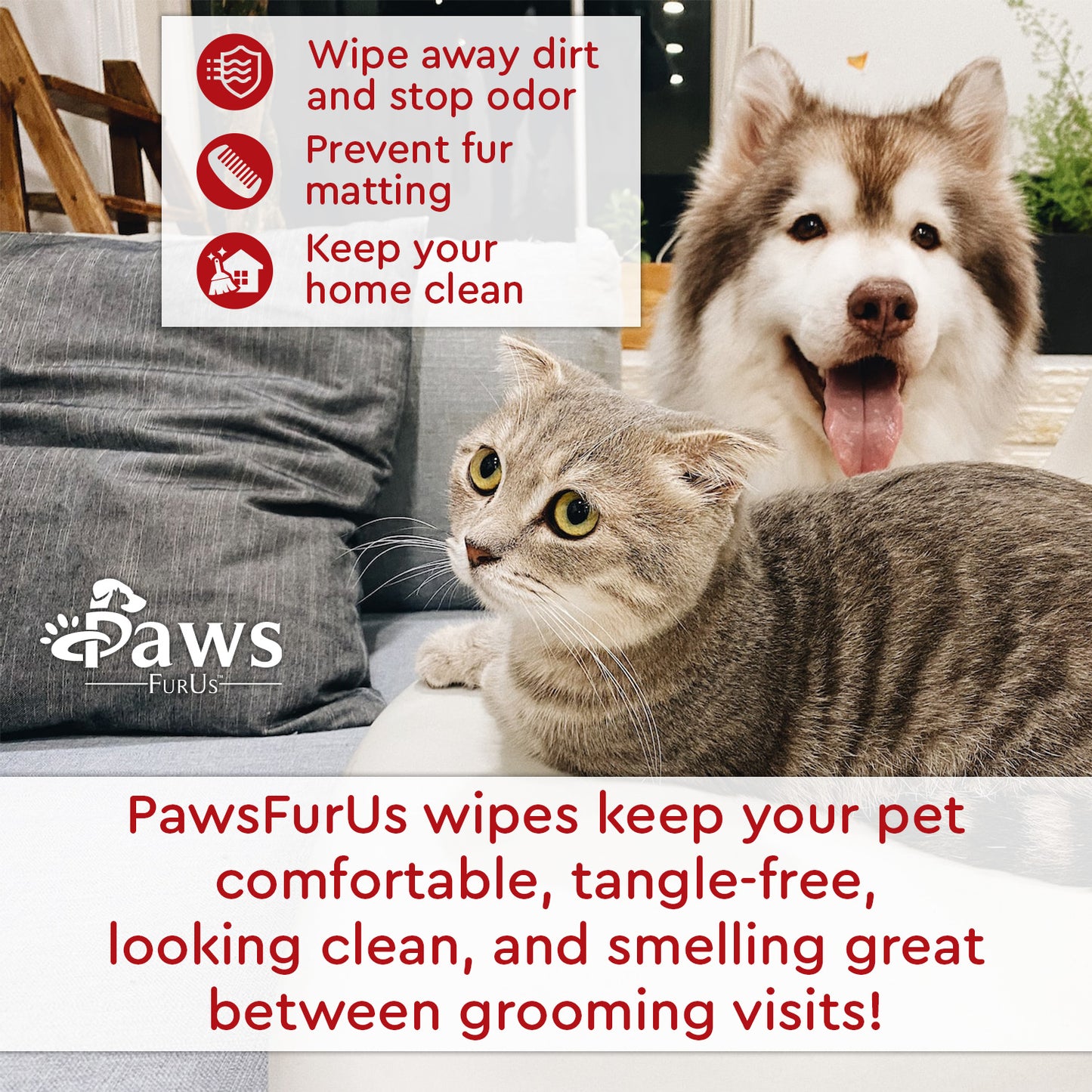 Wipe away dirt and stop odor. Prevent fur matting. Keep your home clean. PawsFurUs wipes keep your pet comfortable, tangle-free, looking clean, and smelling great between grooming visits!
