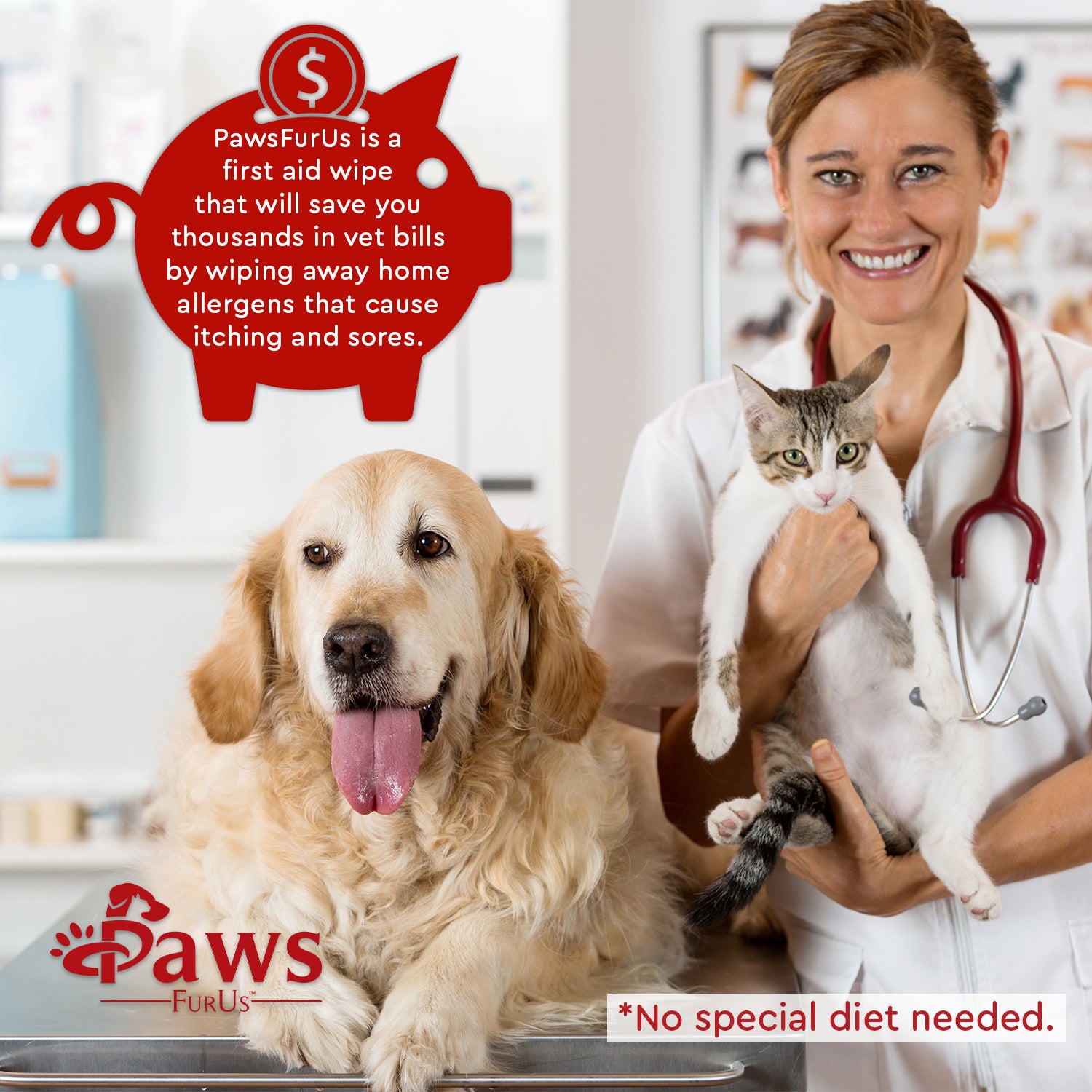 PawsFurUs is a first aid wipe that will save you thousands in vet bills by wiping away home allergens that cause itching and sores. *No special diet needed.
