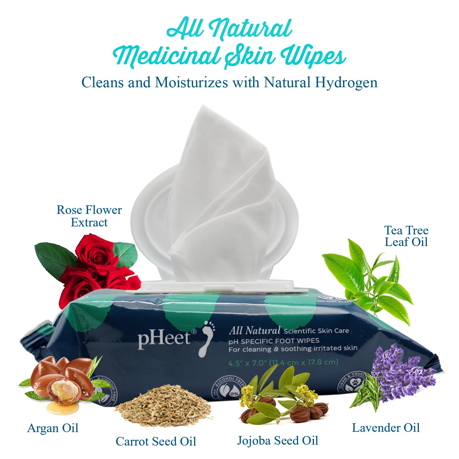 All Natural Medicinal Skin Wipes. Cleans and moisturizes with natural hydrogen. Some ingredients it contains are rose flower extract, lavender oil, argan oil, carrot seed oil, tea tree leaf oil and jojoba seed oil.