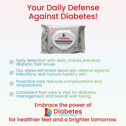 Your Daily Defense Against Diabetes! Early detection with daily checks prevents diabetic foot issues. Our wipes eliminate dead skin, defend against infections, and nurture healthy skin. Proactive care reduces complications and amputations. Consistent foot care is vital for diabetes management and overall well-being. Embrace the power of Diabetes Support Wipes for healthier feet and a brighter tomorrow.