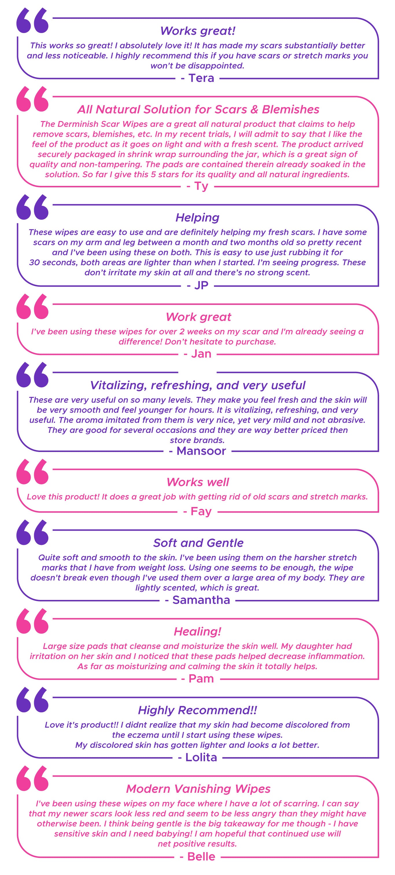 Customers are loving how the wipes are working on their scars and blemishes.
