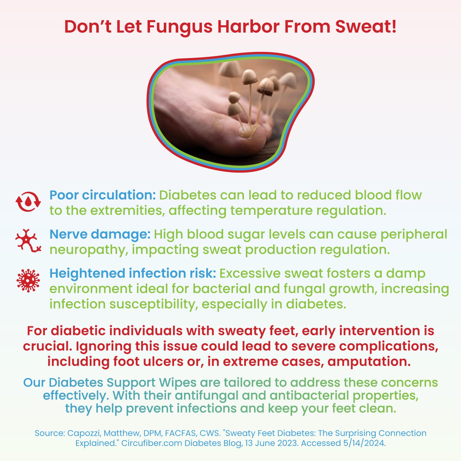 Poor circulation: Diabetes can lead to reduced blood flow to the extremities, affecting temperature regulation. Nerve damage: High blood sugar levels can cause peripheral neuropathy, impacting sweat production regulation. Heightened infection risk: Excessive sweat fosters a damp environment ideal for bacterial and fungal growth, increasing infection susceptibility, especially in diabetes; For diabetic individuals with sweaty feet, early intervention is crucial. Ignoring this, could lead to severe issues.