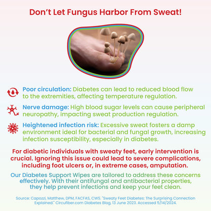 Poor circulation: Diabetes can lead to reduced blood flow to the extremities, affecting temperature regulation. Nerve damage: High blood sugar levels can cause peripheral neuropathy, impacting sweat production regulation. Heightened infection risk: Excessive sweat fosters a damp environment ideal for bacterial and fungal growth, increasing infection susceptibility, especially in diabetes; For diabetic individuals with sweaty feet, early intervention is crucial. Ignoring this, could lead to severe issues.