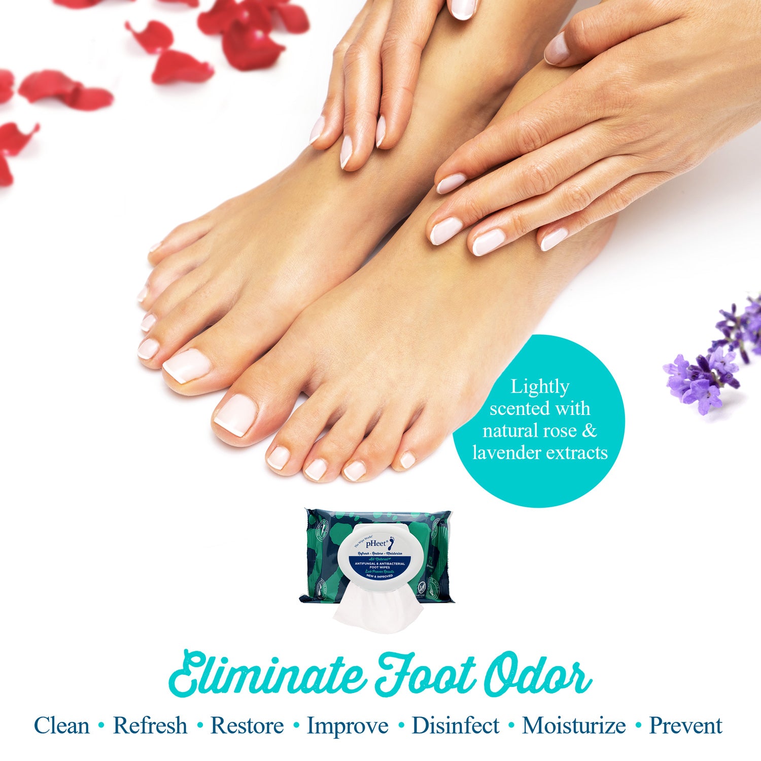 Lightly scented with natural rose and lavender extracts. Eliminate foot odor: clean, refresh, restore, improve, disinfect and moisturize.