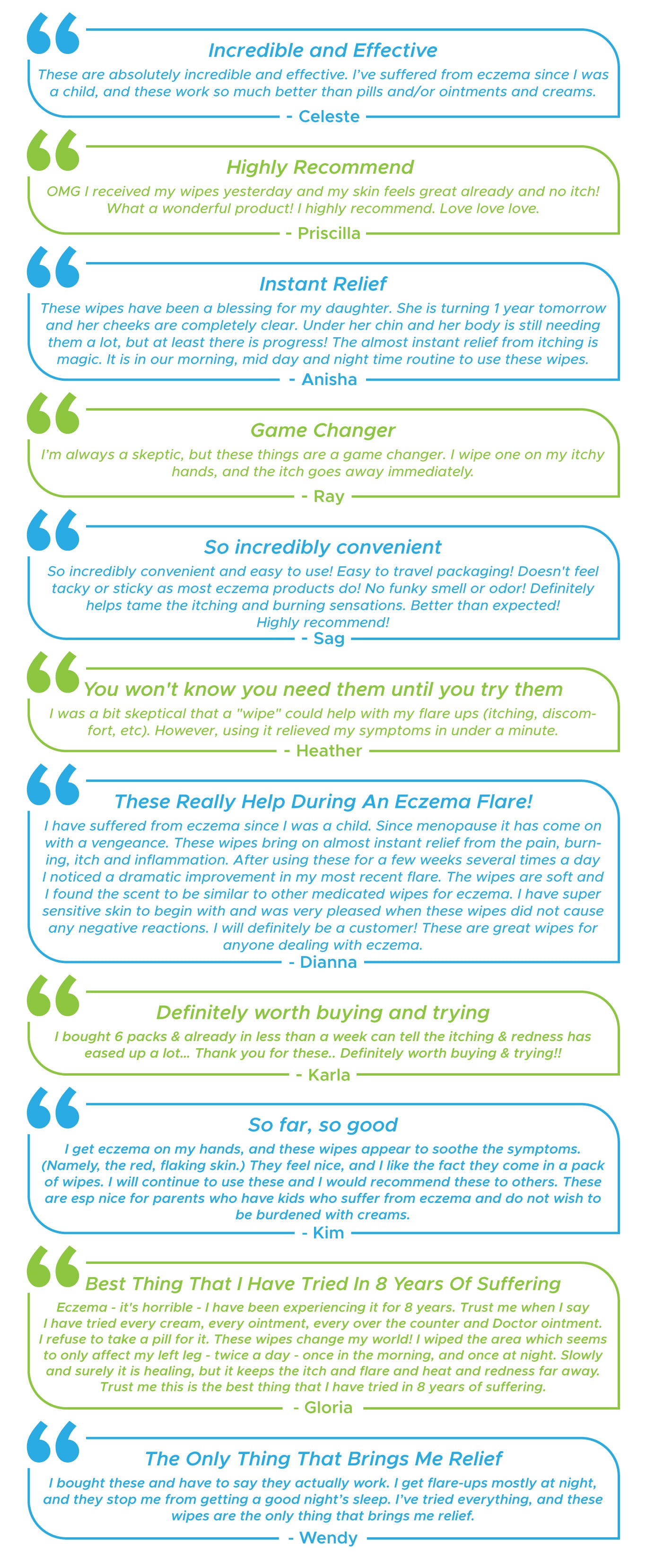 Customers love Eczema Flare Wipes. They really help the itching and relief they give.