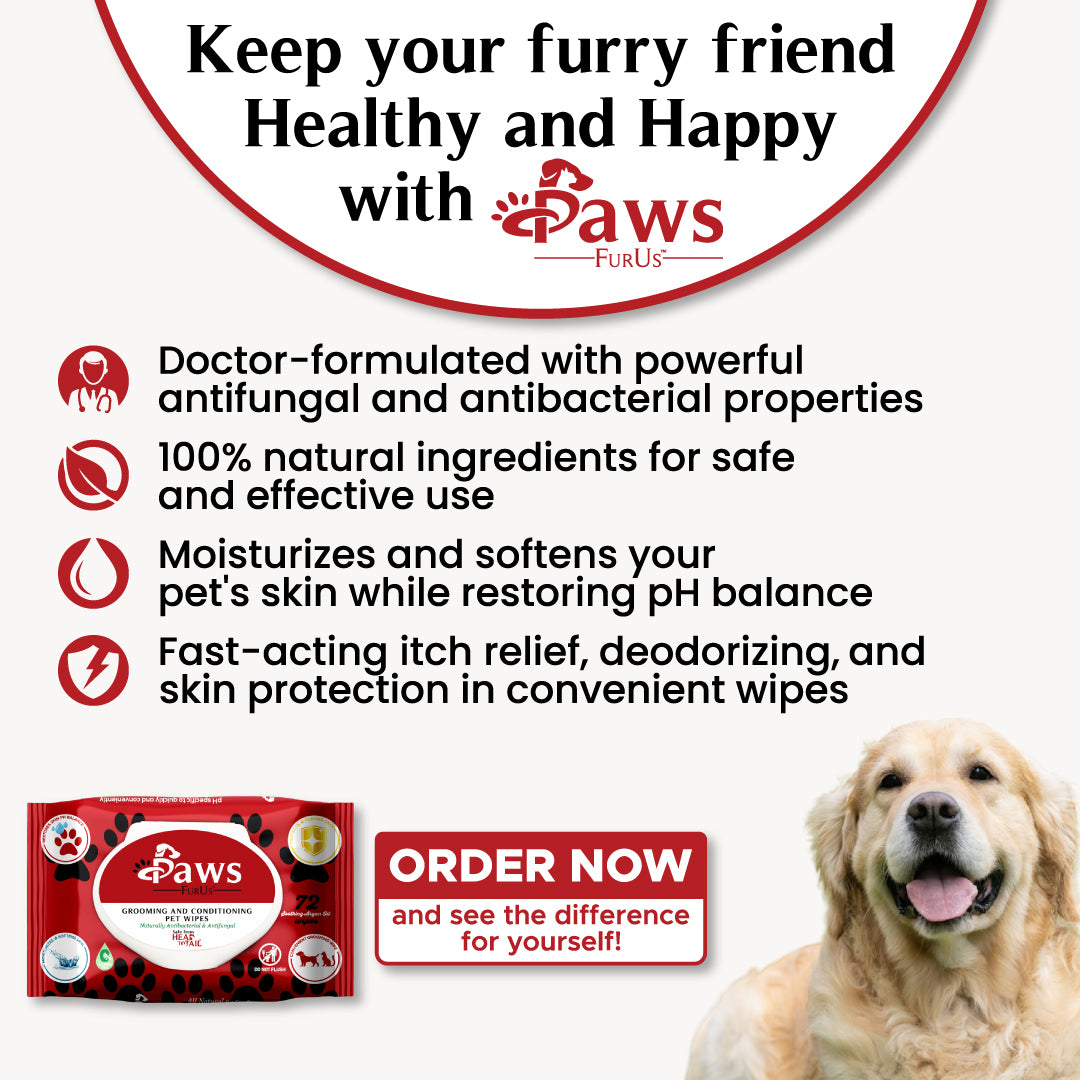 Keep your furry friend Healthy and Happy with PawsFurUs. Doctor-formulated with powerful antifungal and antibacterial properties. 100% natural ingredients for safe and effective use. Moisturizes and softens your pet's skin while restoring pH balance. Fast-acting itch relief, deodorizing, and skin protection in convenient wipes. Order now and see the difference for yourself!