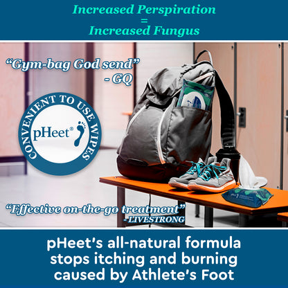 Increased Perspiration = Increased Fungus. "Efficient on-the-go treatment" - Livestrong. "Gym-bag God send" - GQ. pHeet's all-natural formula stops itching and burning caused by Athlete's Foot.