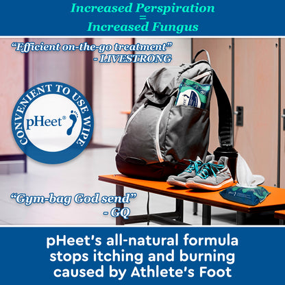 Increased Perspiration = Increased Fungus. "Efficient on-the-go treatment" - Livestrong. "Gym-bag God send" - GQ. pHeet's all-natural formula stops itching and burning caused by Athlete's Foot.