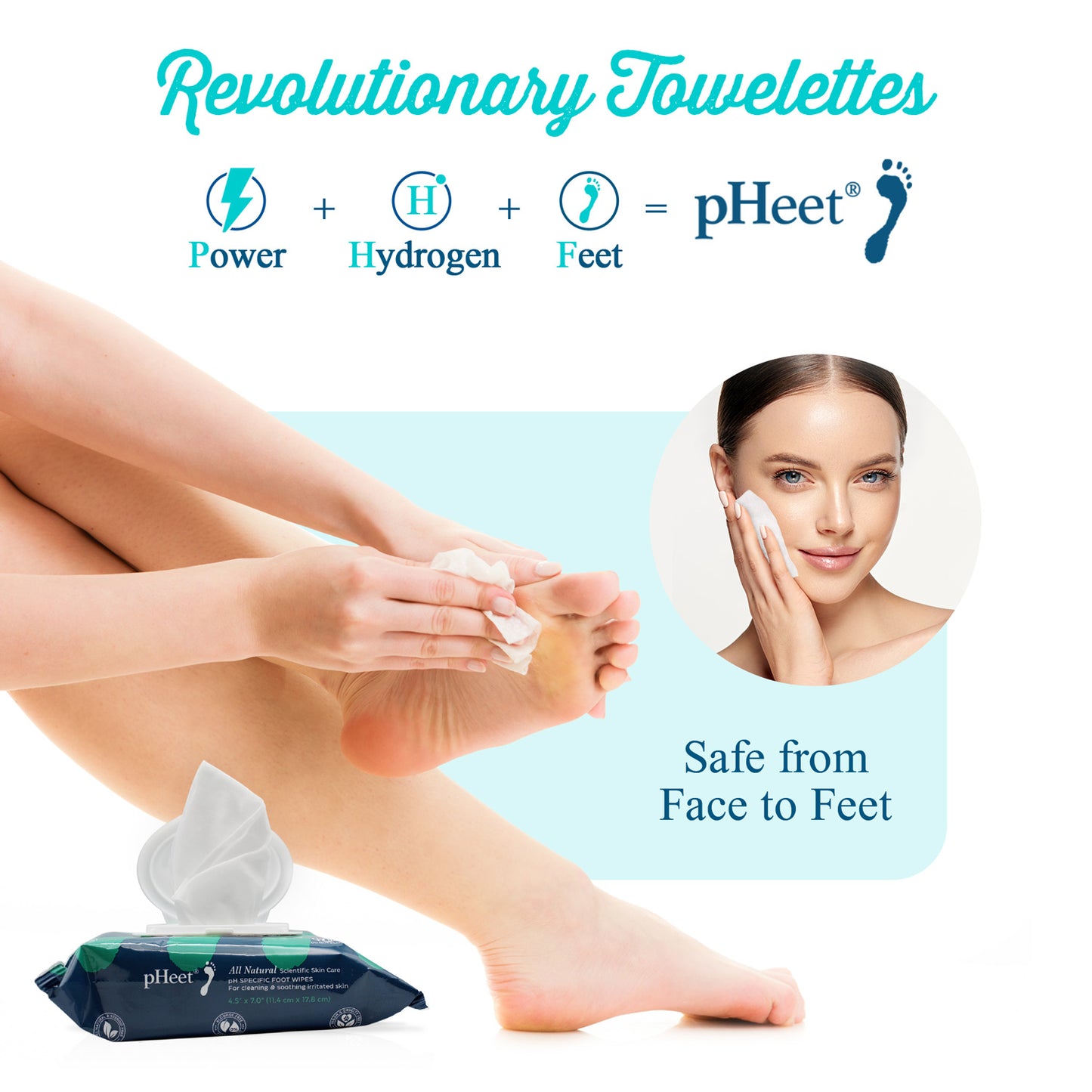 Revolutionary Towelettes: Power + Hydrogen + Feet = pHeet Foot Wipes. It is safe from face to feet.