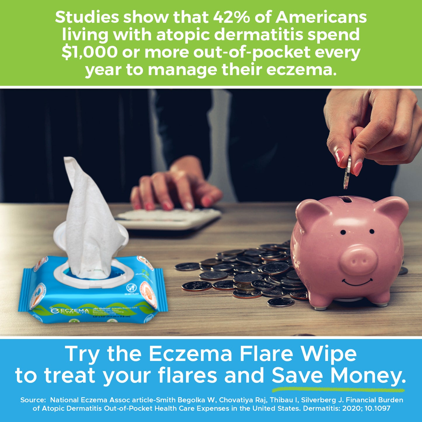 Studies show that 42% of Americans living with atopic dermatitis spend $1,00 or more out-of-pocket every year to manage their eczema. Try the Eczema Flare Wipe to treat your flares and Save Money. Source: National Eczema Assoc article-Smith Begolka W, Chovatiya Raj, Thibau I, Silverberg J. Financial Burden of Atopic Dermatitis Out-of-Pocket Health Care Expenses in the United States. Dermatitis: 2020; 10.1097