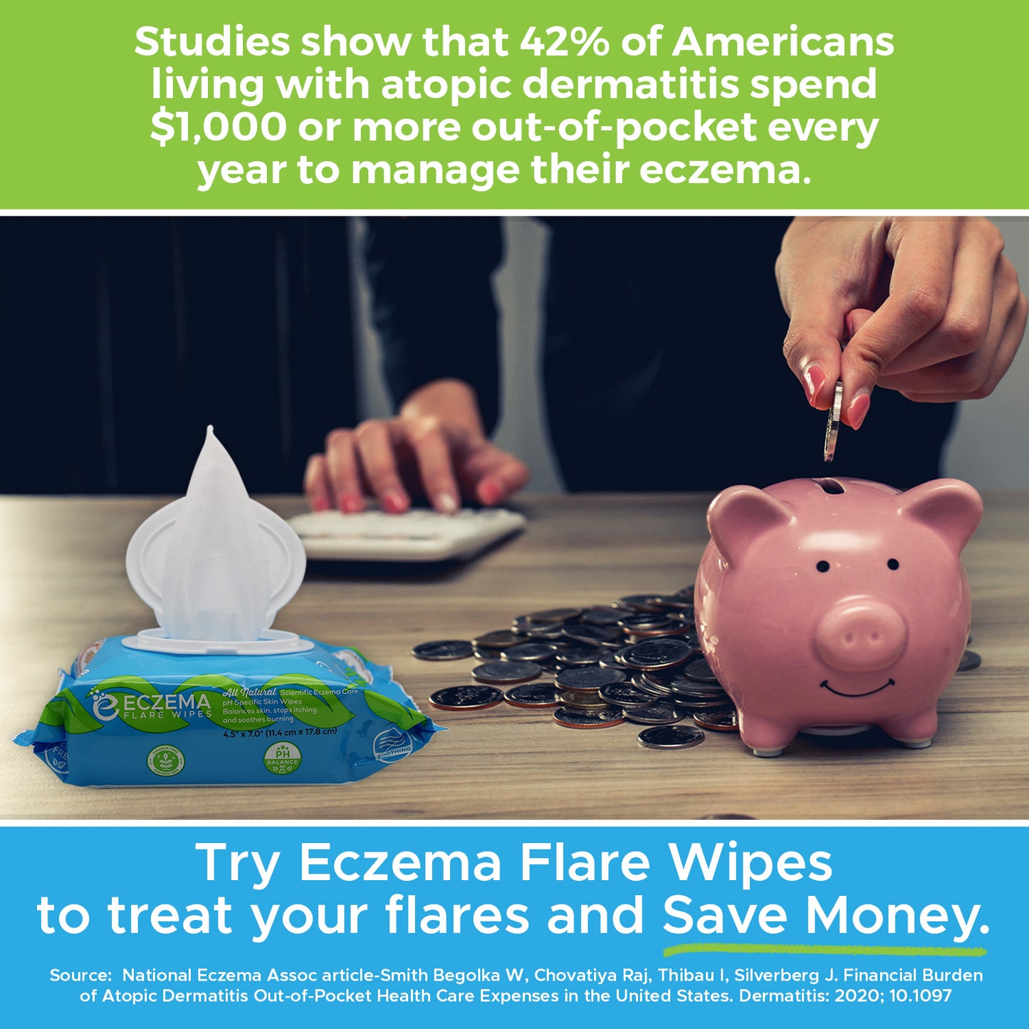 Studies show that 42% of Americans living with atopic dermatitis spend $1,00 or more out-of-pocket every year to manage their eczema. Try the Eczema Flare Wipe to treat your flares and Save Money. Source: National Eczema Assoc article-Smith Begolka W, Chovatiya Raj, Thibau I, Silverberg J. Financial Burden of Atopic Dermatitis Out-of-Pocket Health Care Expenses in the United States. Dermatitis: 2020; 10.1097