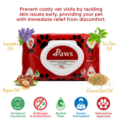 Save money from multiple vet visits by wiping away skin issues before they worsen. Immediate relief for your pet's discomfort with fast-acting impact. It is an all-natural wipe that is both antifungal and antibacterial. It also is alcohol free.