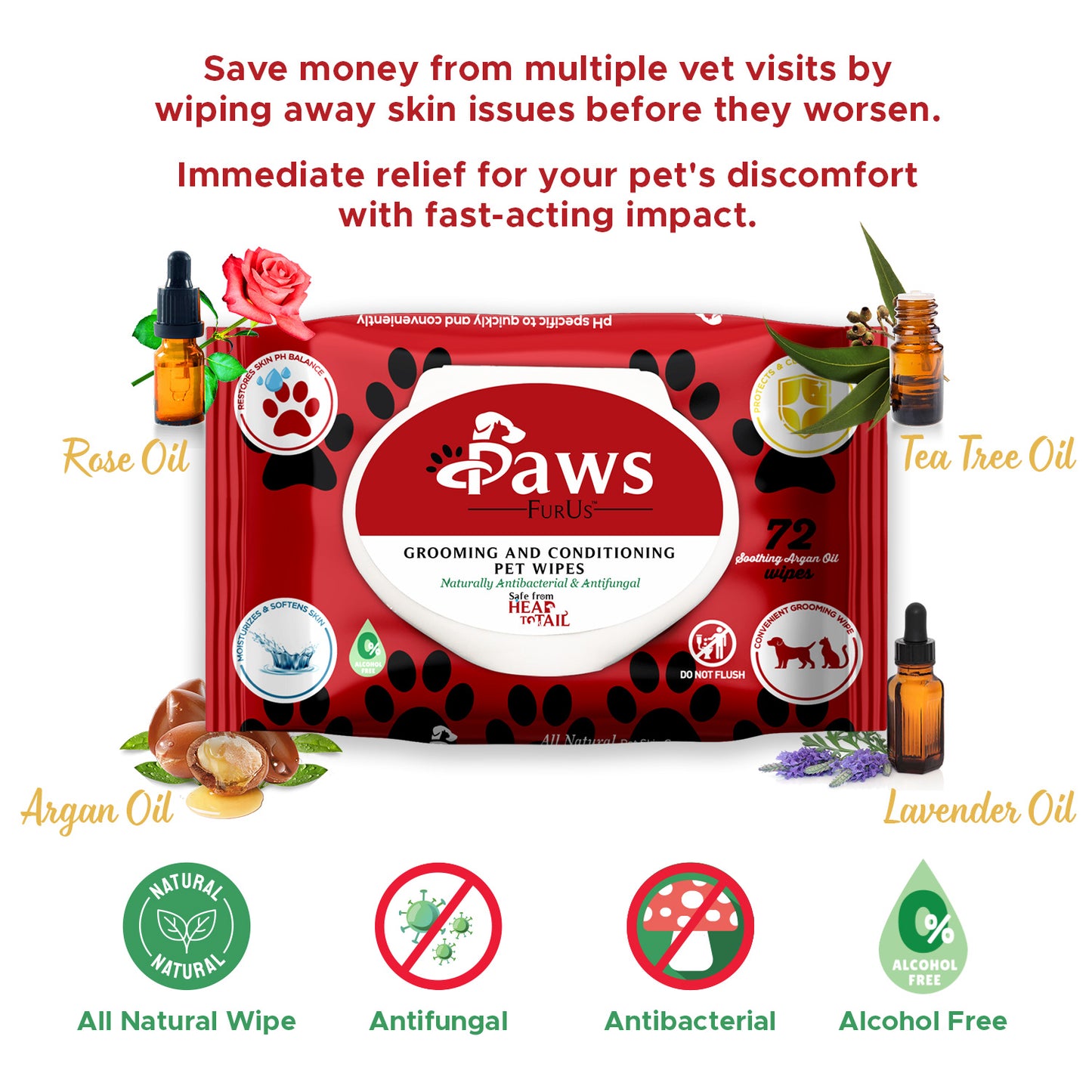 Save money from multiple vet visits by wiping away skin issues before they worsen. Immediate relief for your pet's discomfort with fast-acting impact. It is an all-natural wipe that is both antifungal and antibacterial. It also is alcohol free.