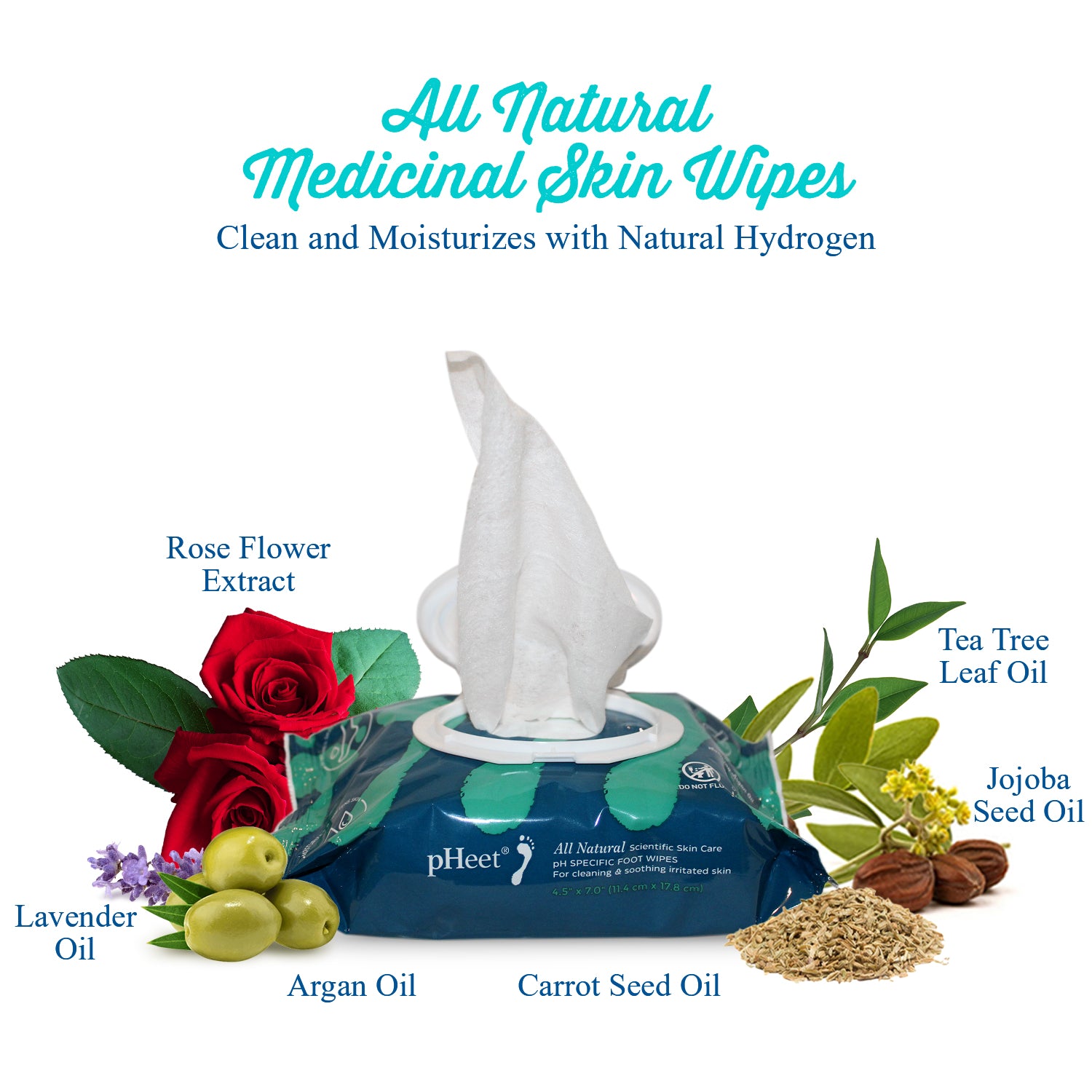 All Natural Medicinal Skin Wipes. Cleans and moistruizes with natural hydrogen. Some ingredients it contains are rose flower extract, lavender oil, argan oil, carrot seed oil, tea tree leaf oil and jojoba seed oil.